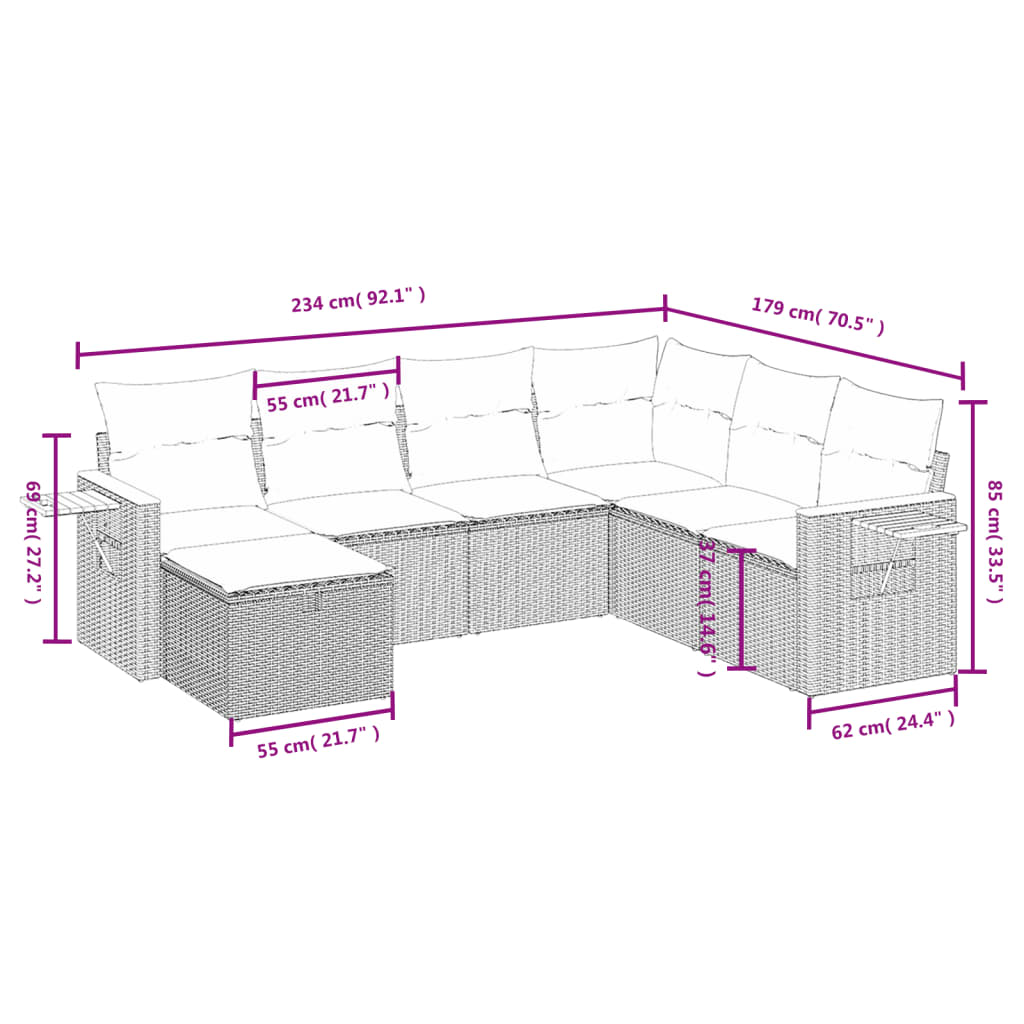 havesofasæt 7 dele med hynder polyrattan beige