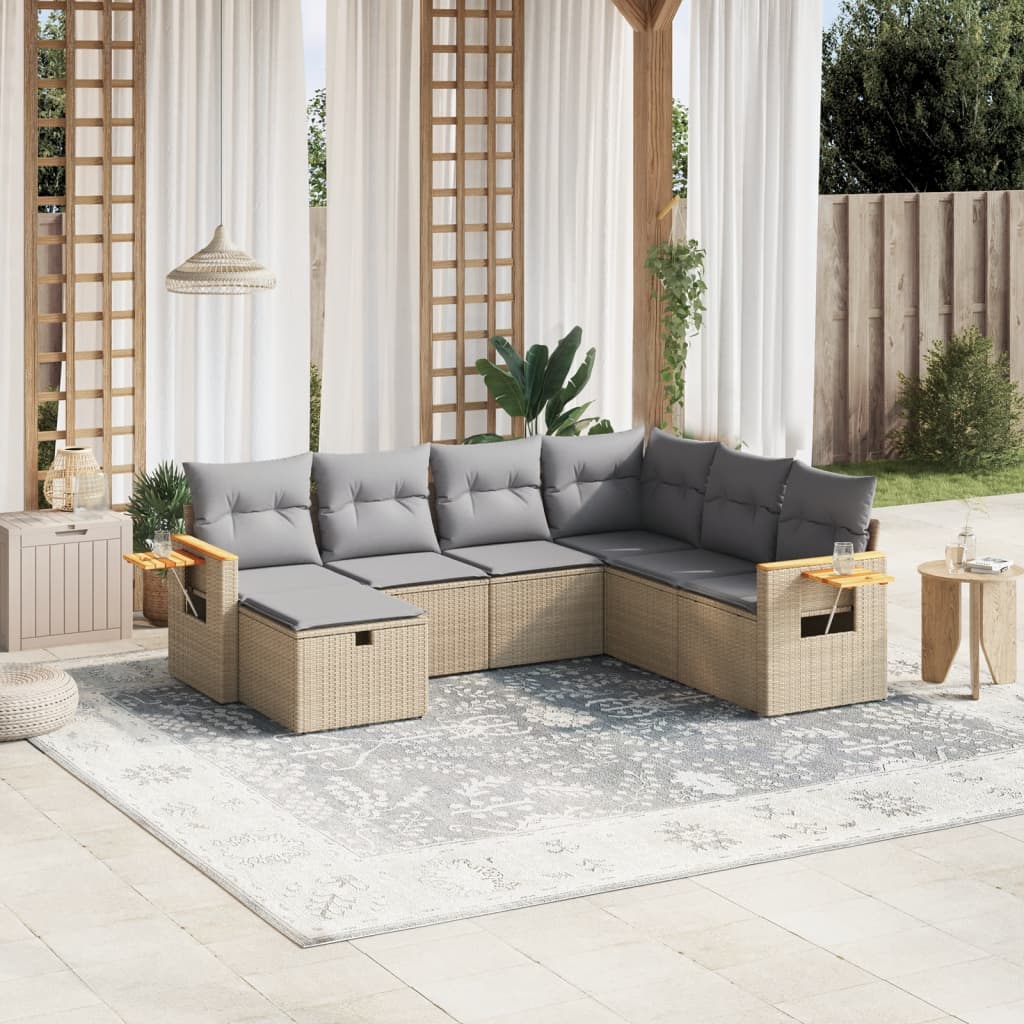 havesofasæt 7 dele med hynder polyrattan beige