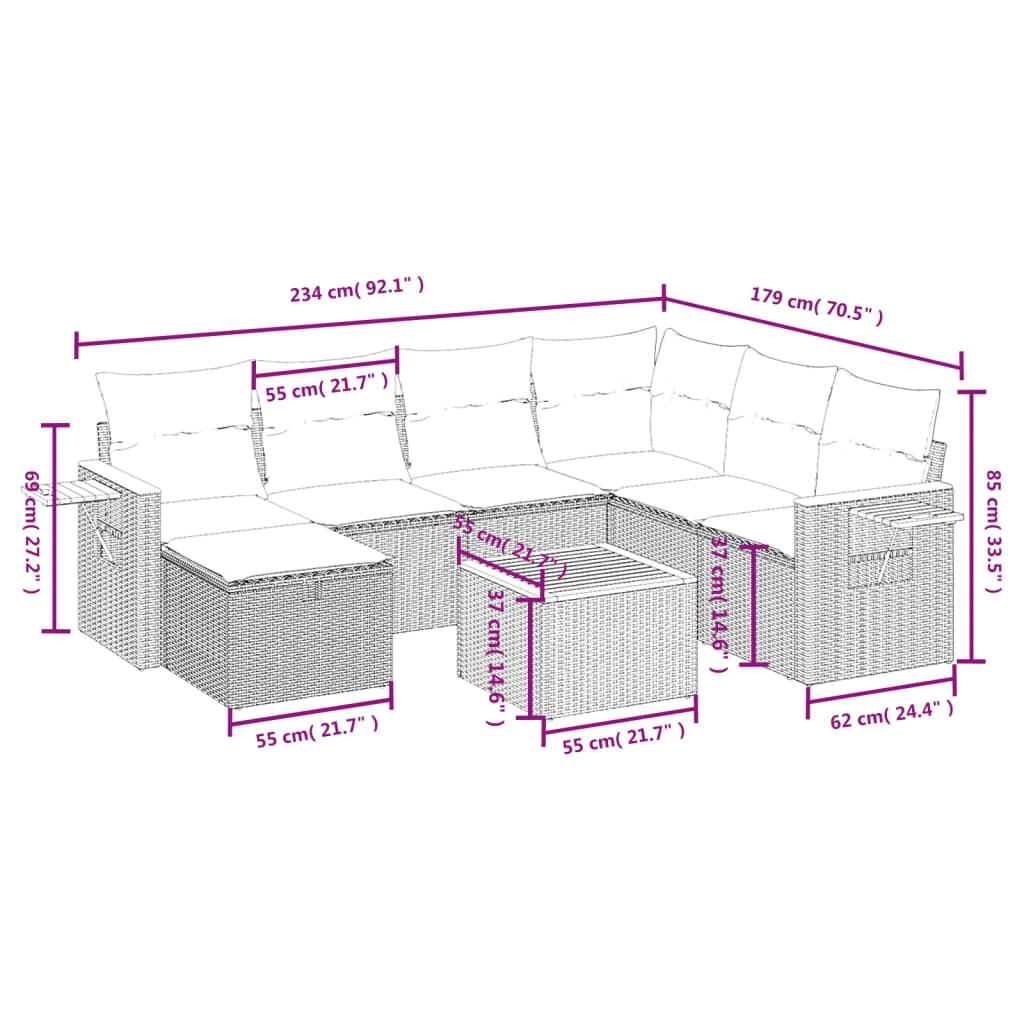 havesofasæt 8 dele med hynder polyrattan beige
