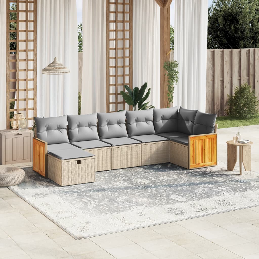 havesofasæt 7 dele med hynder polyrattan beige
