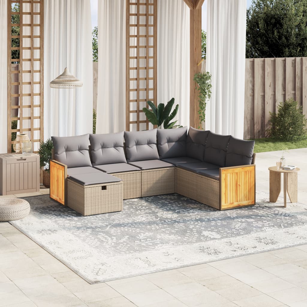 havesofasæt 7 dele med hynder polyrattan beige