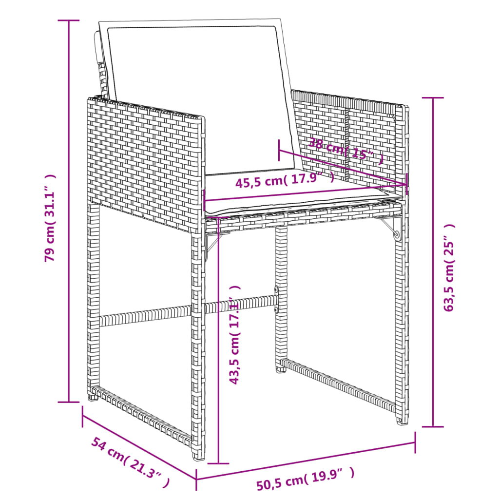 havestole 4 stk. med hynder polyrattan brun