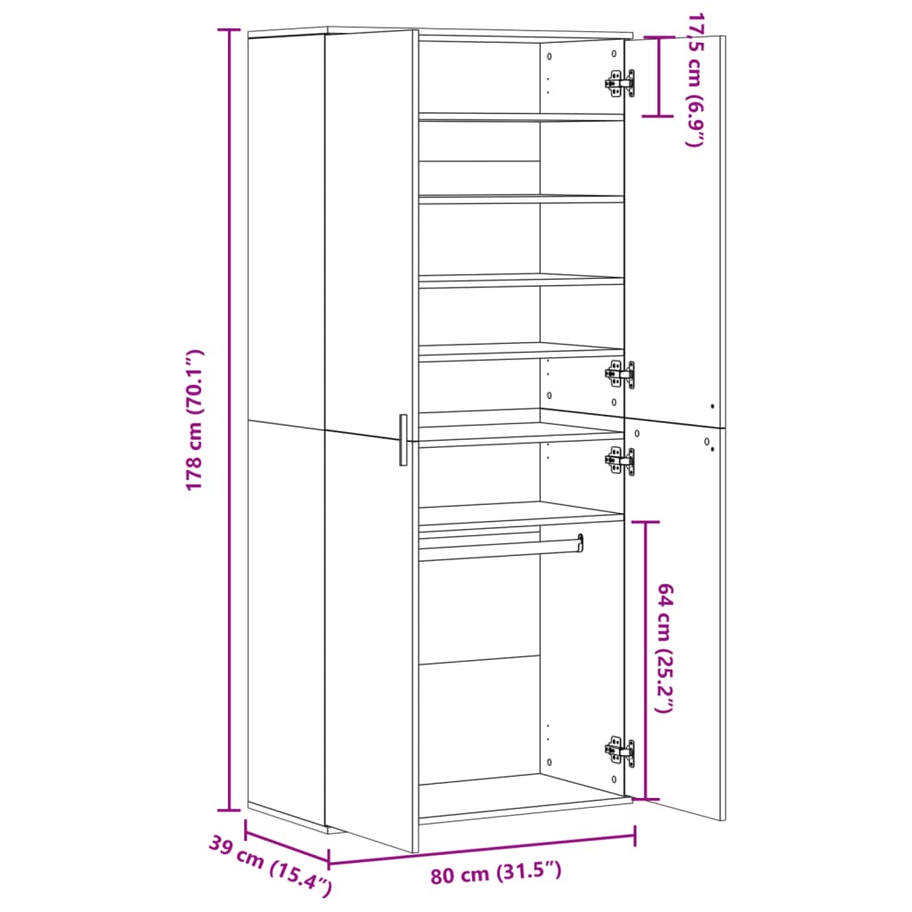 skoskab 80x39x178 cm konstrueret træ sonoma-eg