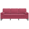 3-personers sofa med pyntepuder 180 cm velour vinrød