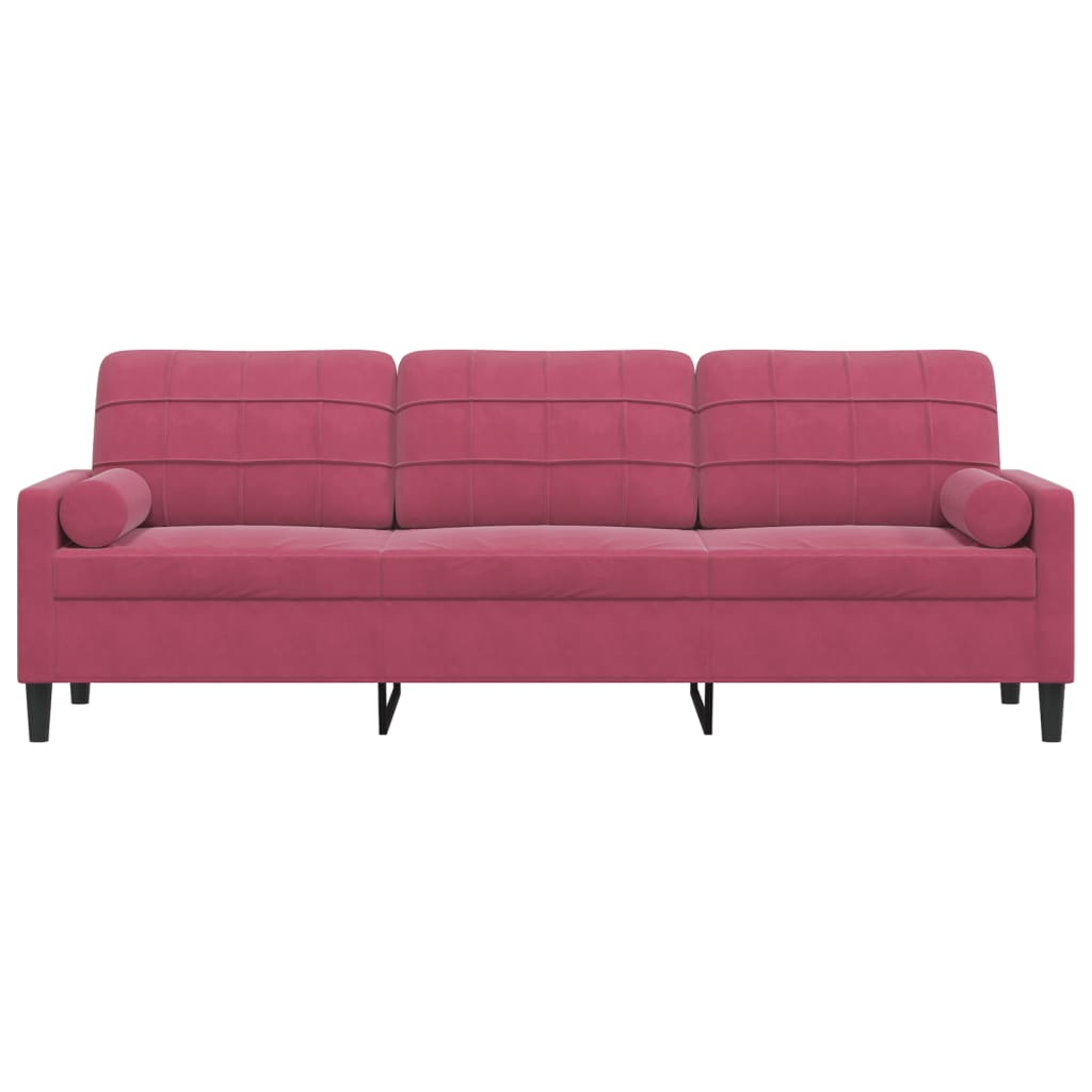 3-personers sofa med pyntepuder 210 cm fløjl vinrød