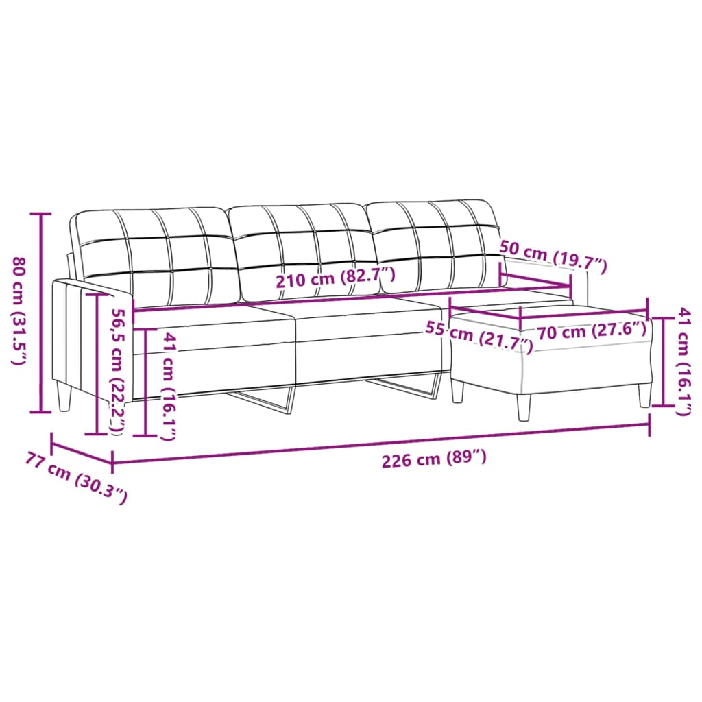 3-personers sofa med fodskammel 210 cm stof Cremefarvet