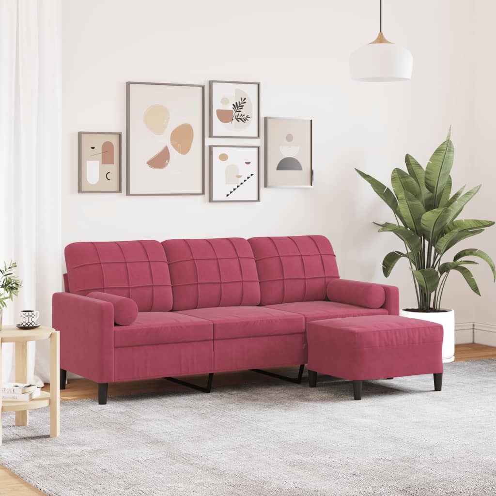 3-personers sofa med fodskammel 180 cm velour vinrød