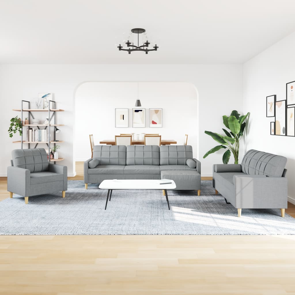 sofasæt 4 dele med fodskammel og pyntepuder stof lysegrå