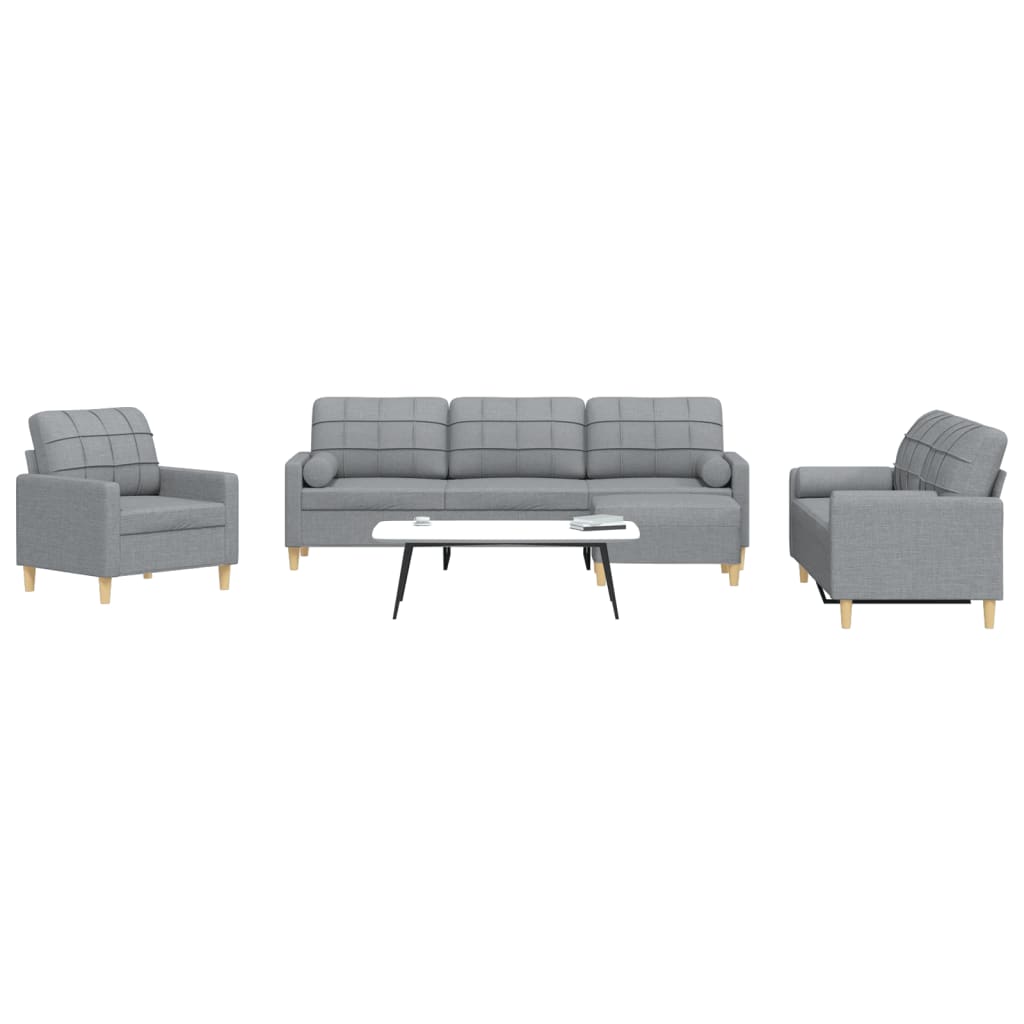 sofasæt 4 dele med fodskammel og pyntepuder stof lysegrå