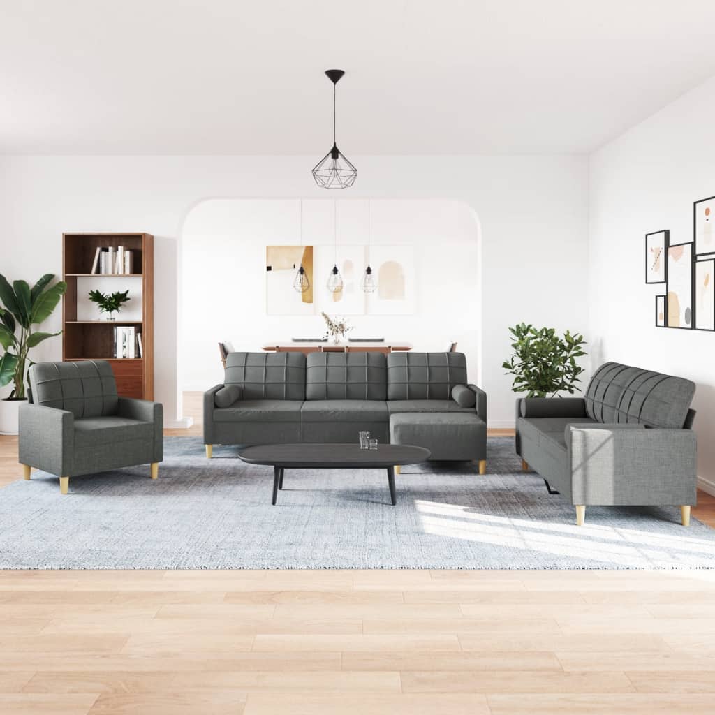 sofasæt 4 dele med fodskammel og pyntepuder stof lysegrå