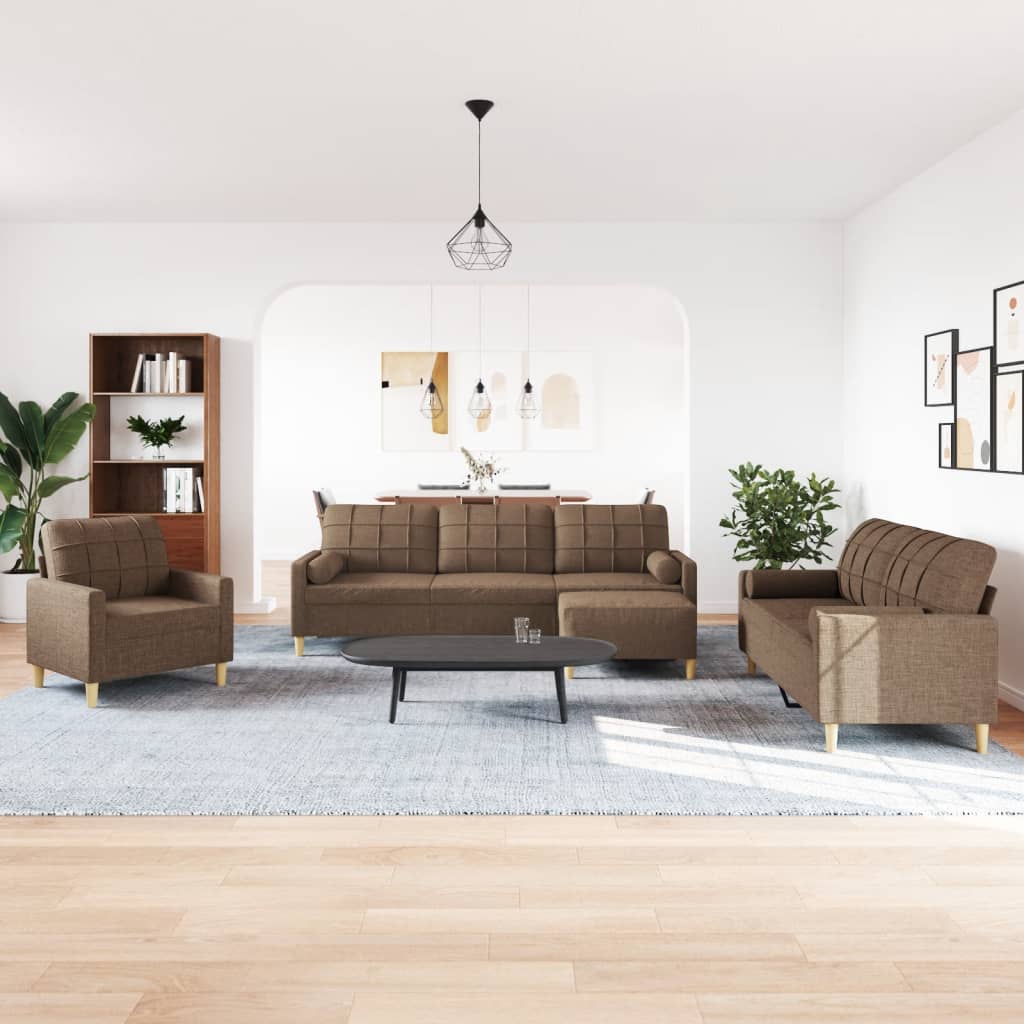 sofasæt 4 dele med fodskammel og pyntepuder stof brun