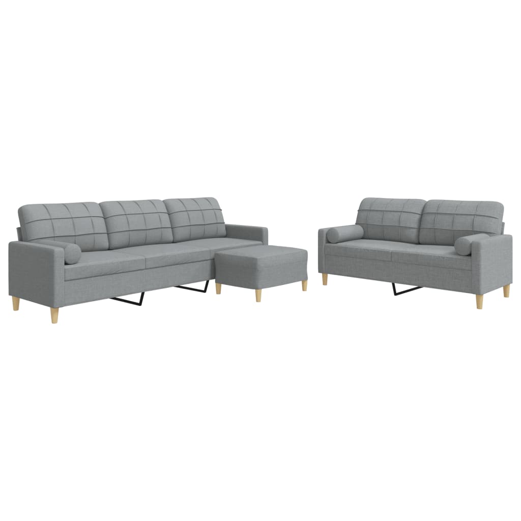 sofasæt 3 dele med fodskammel og pyntepuder stof lysegrå
