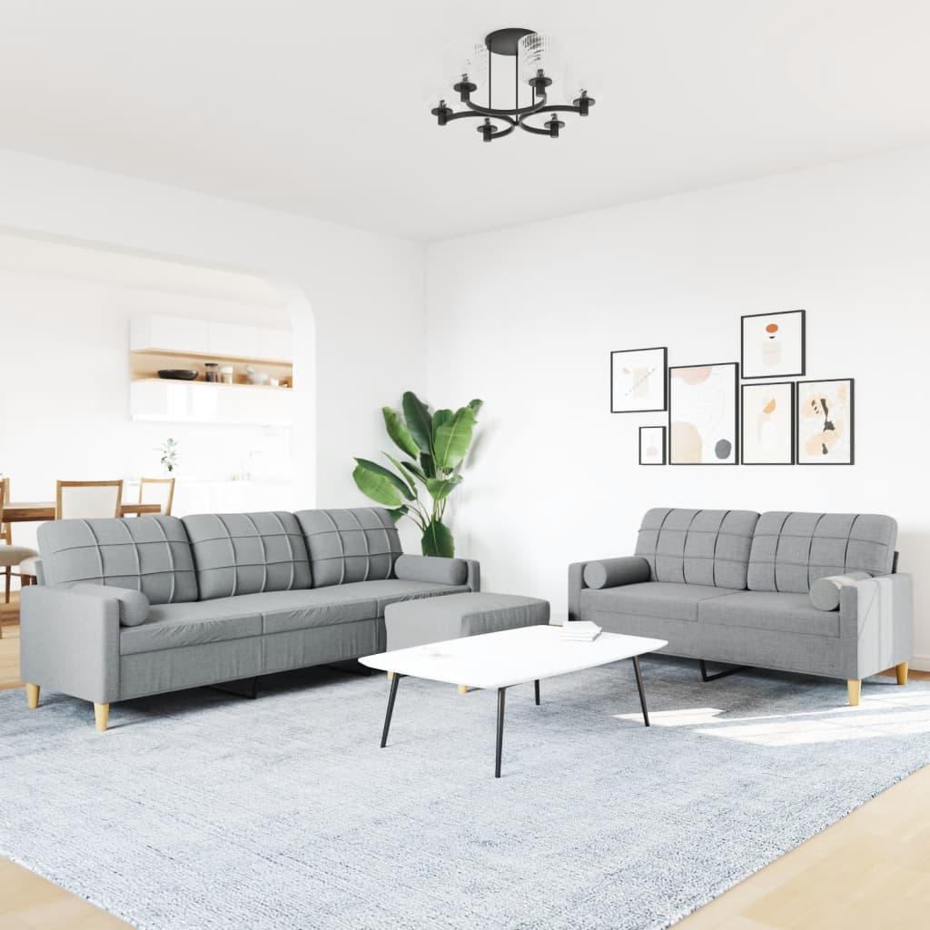 sofasæt 3 dele med fodskammel og pyntepuder stof lysegrå