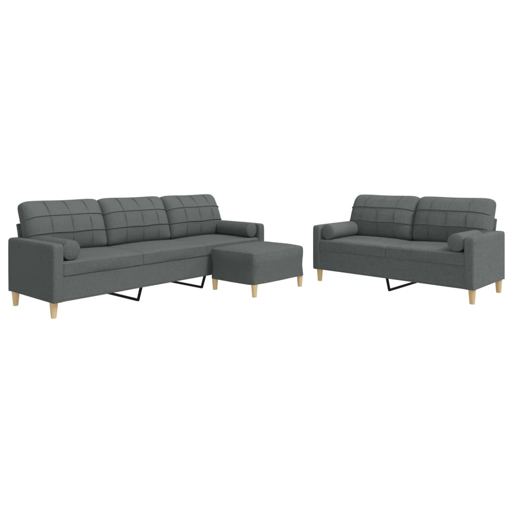 sofasæt 3 dele med fodskammel og pyntepuder stof lysegrå