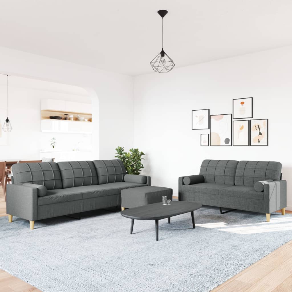 sofasæt 3 dele med fodskammel og pyntepuder stof lysegrå