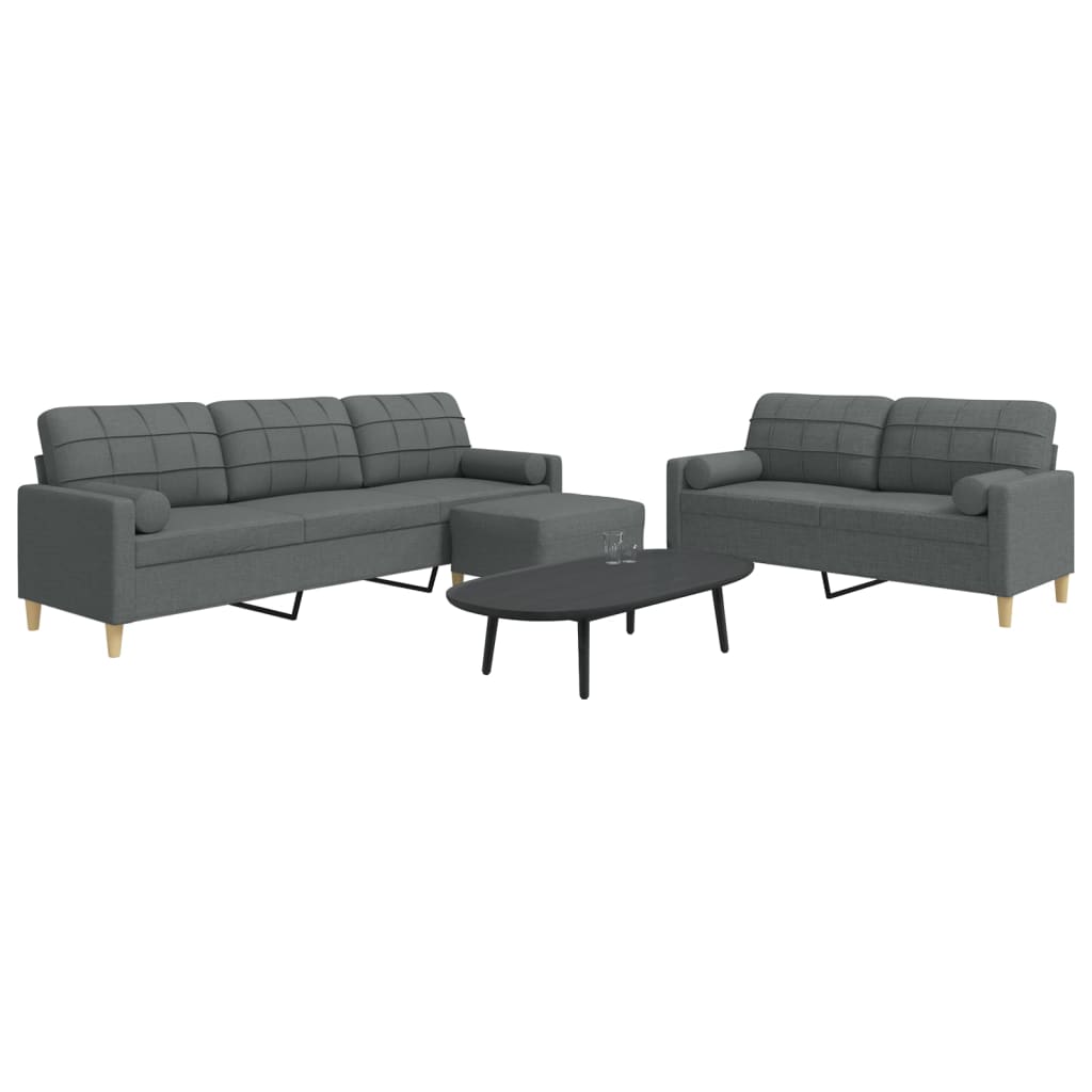 sofasæt 3 dele med fodskammel og pyntepuder stof lysegrå