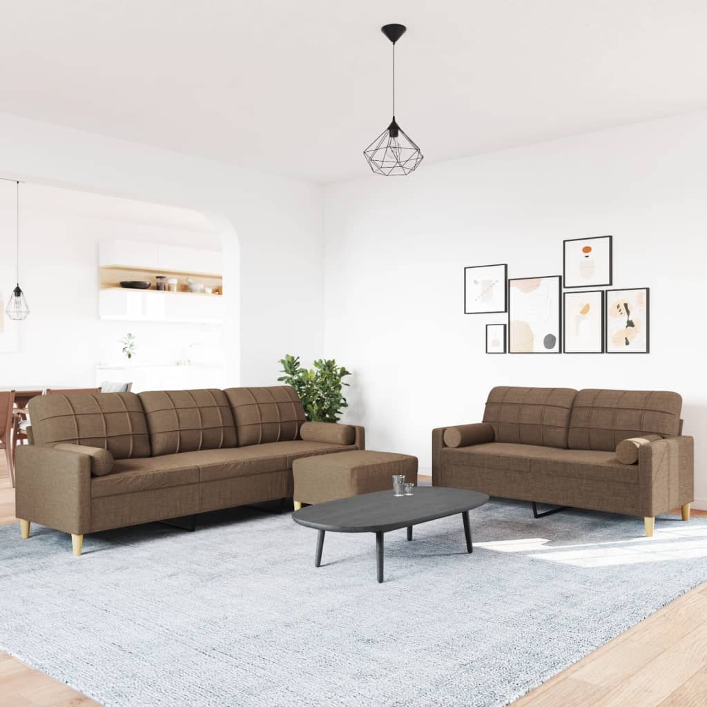 sofasæt 3 dele med fodskammel og pyntepuder stof brun