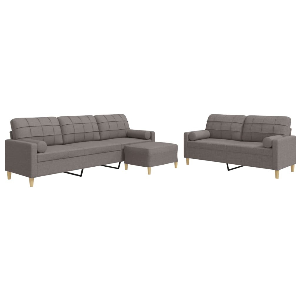 sofasæt 3 dele med fodskammel og pyntepuder stof gråbrun