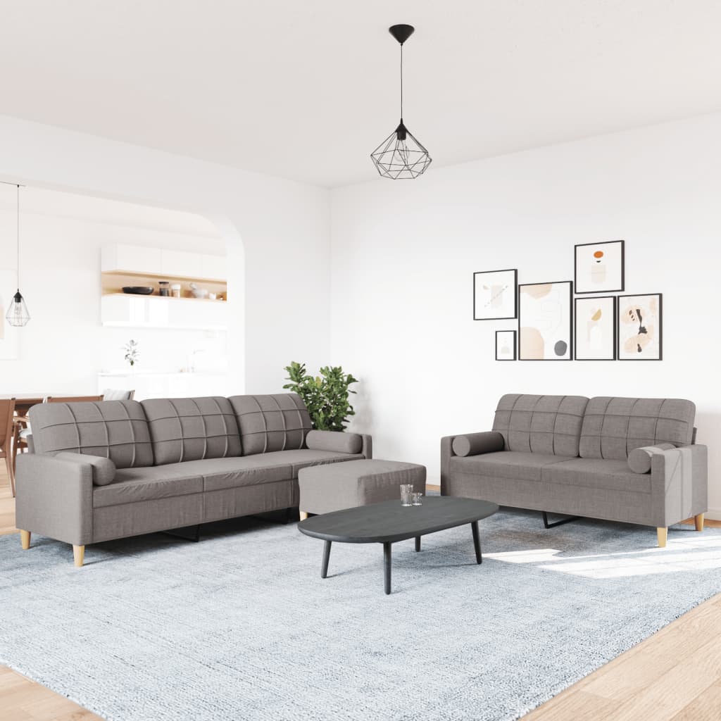 sofasæt 3 dele med fodskammel og pyntepuder stof gråbrun