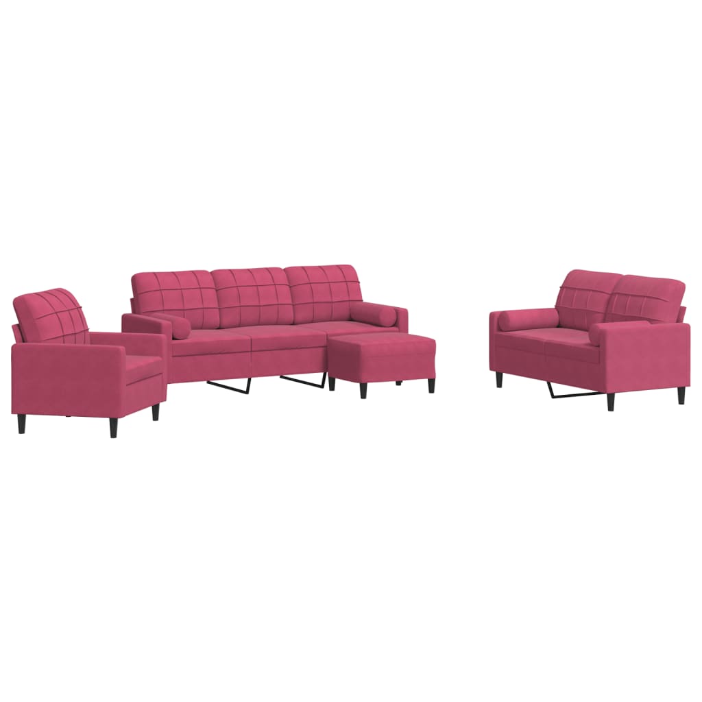 sofasæt 4 dele med hynder og bolsterpuder velour vinrød