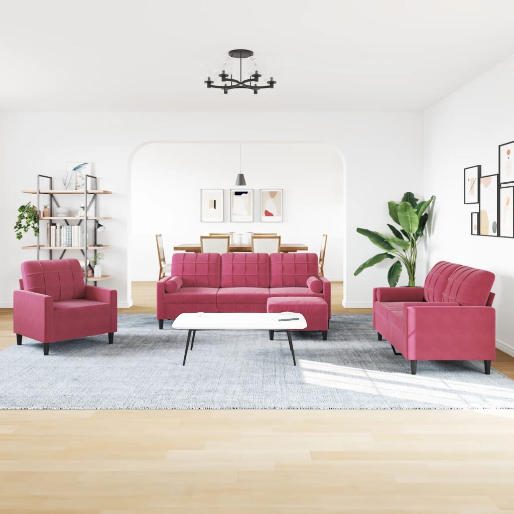 sofasæt 4 dele med hynder og bolsterpuder velour vinrød