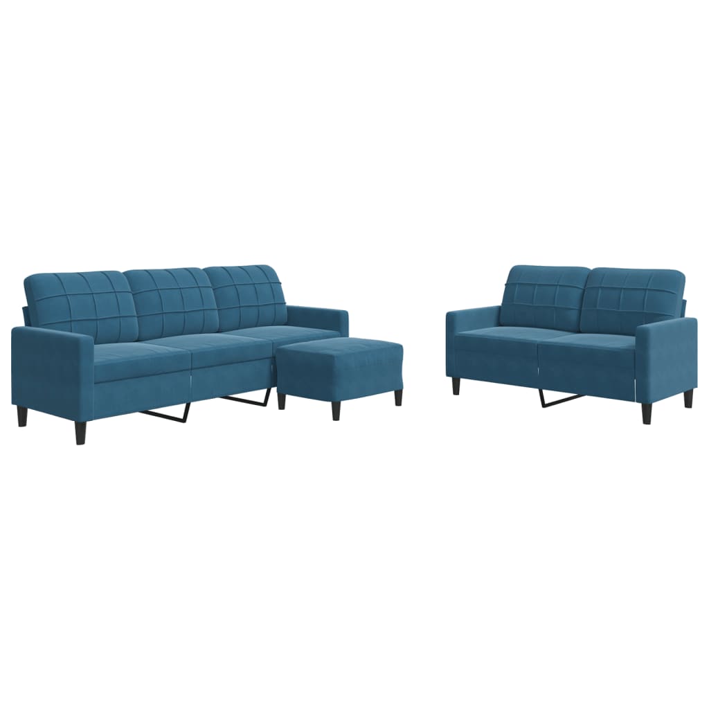 sofasæt 3 dele med hynder velour blå