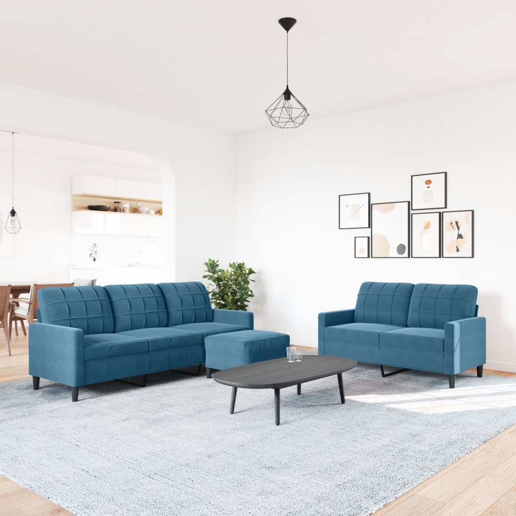 sofasæt 3 dele med hynder velour blå