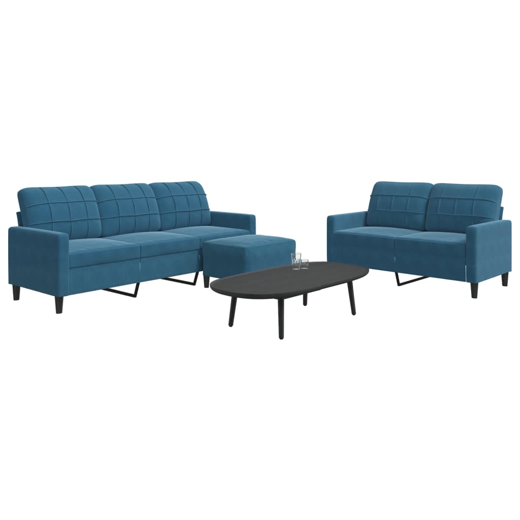 sofasæt 3 dele med hynder velour blå