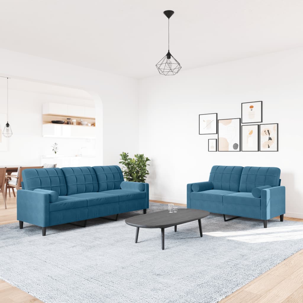 sofasæt 2 dele med hynder og bolsterpuder velour blå