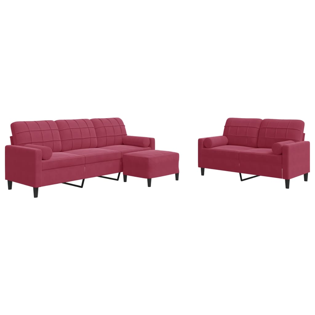 sofasæt 2 dele med hynder og bolsterpuder velour vinrød