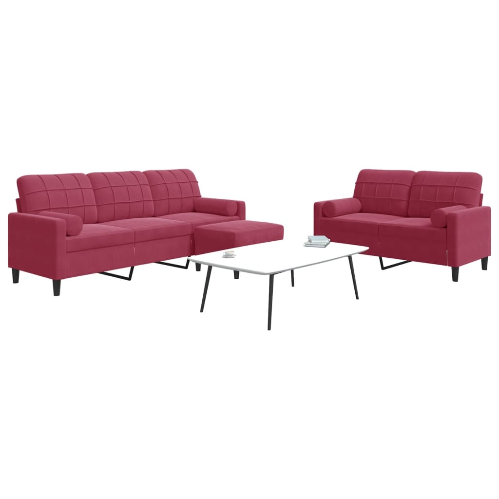 sofasæt 2 dele med hynder og bolsterpuder velour vinrød
