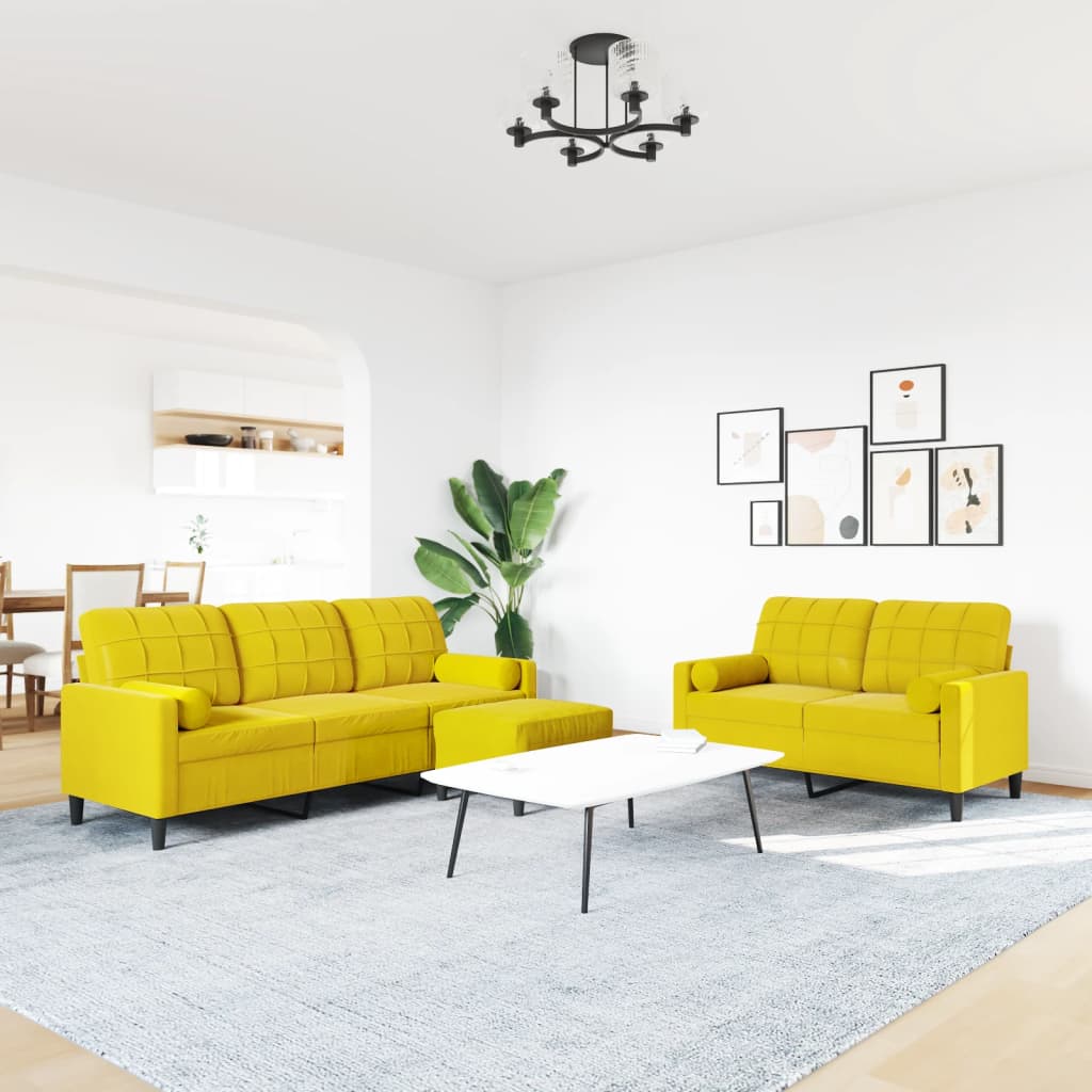 sofasæt 3 dele med hynder og bolsterpuder velour gul