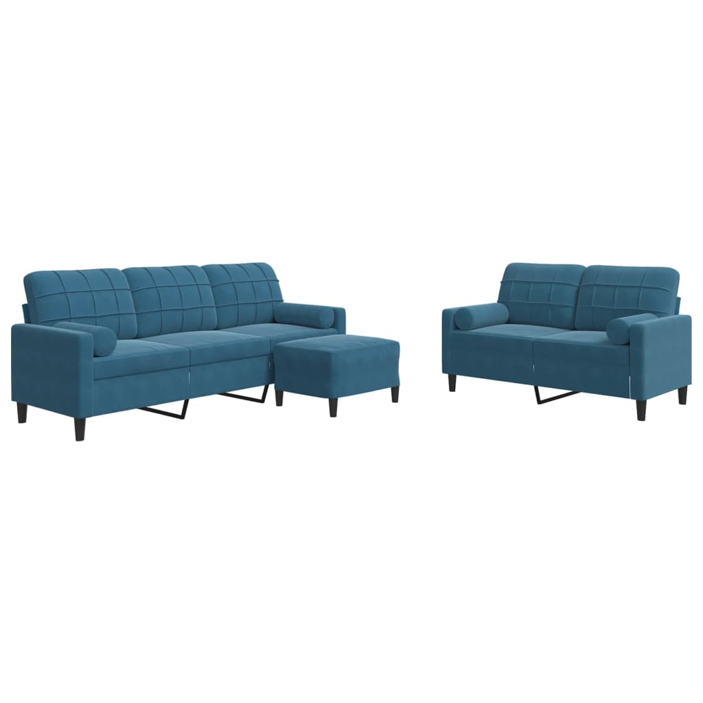 sofasæt 3 dele med hynder og bolsterpuder velour blå