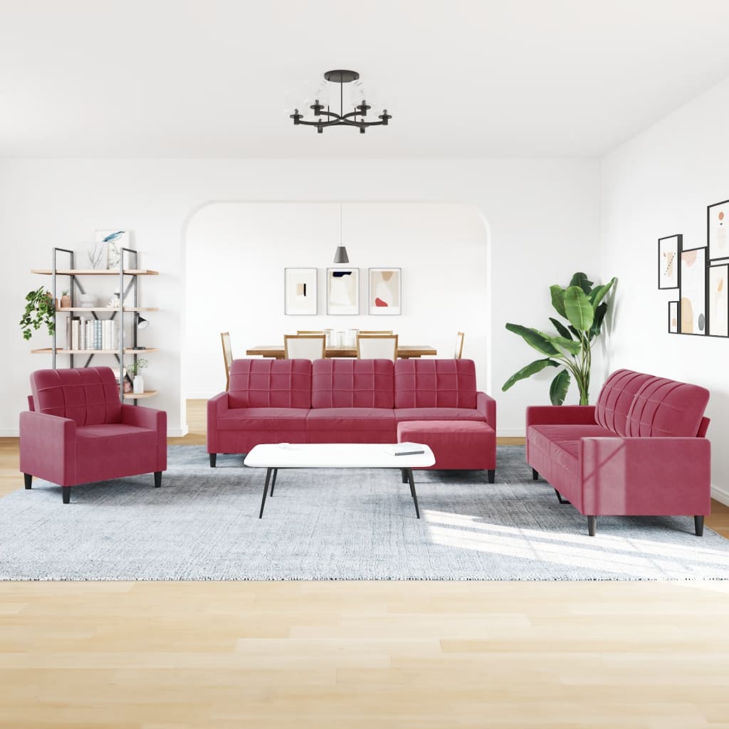 sofasæt 4 dele med hynder velour vinrød