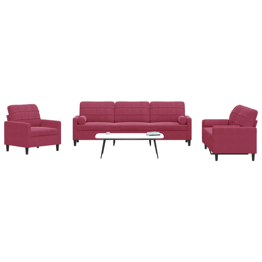 sofasæt 2 dele med hynder og bolsterpuder velour vinrød