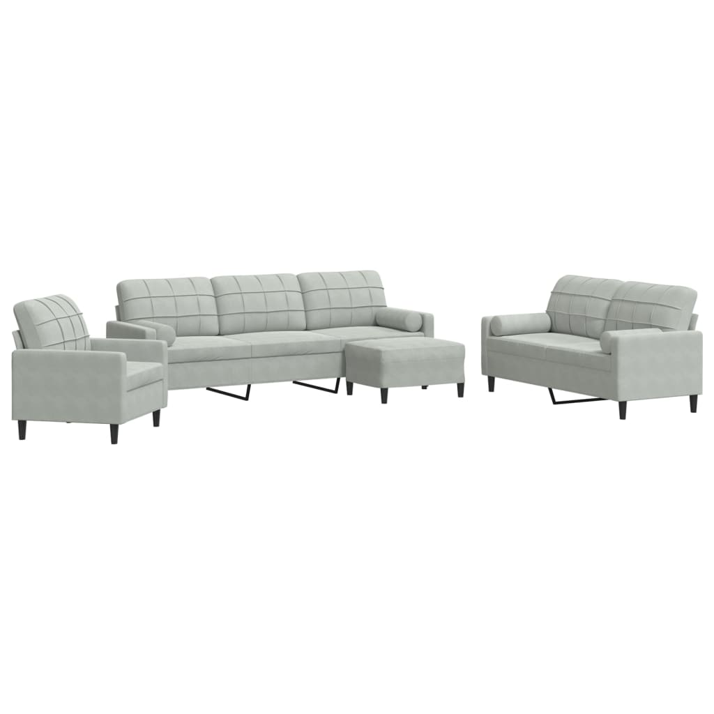 sofasæt 4 dele med hynder og bolsterpuder velour lysegrå