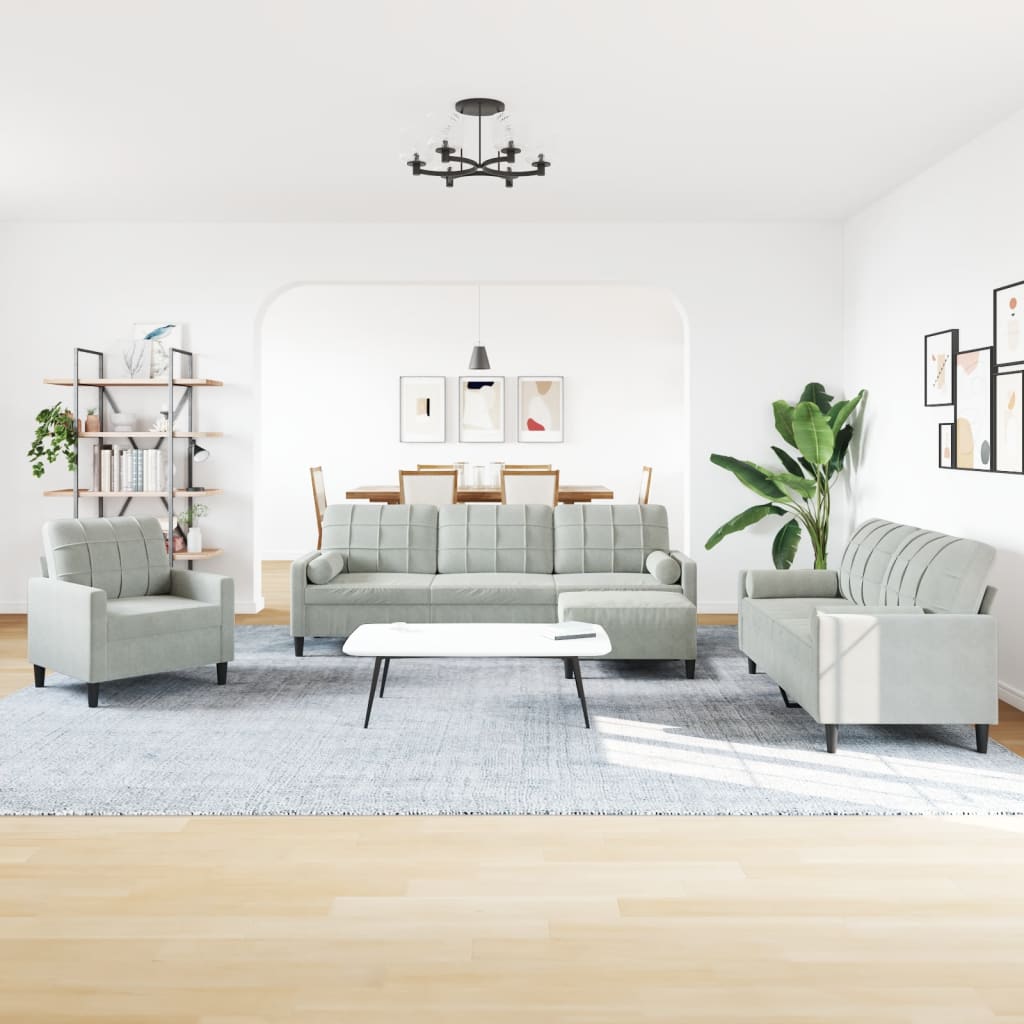 sofasæt 4 dele med hynder og bolsterpuder velour lysegrå