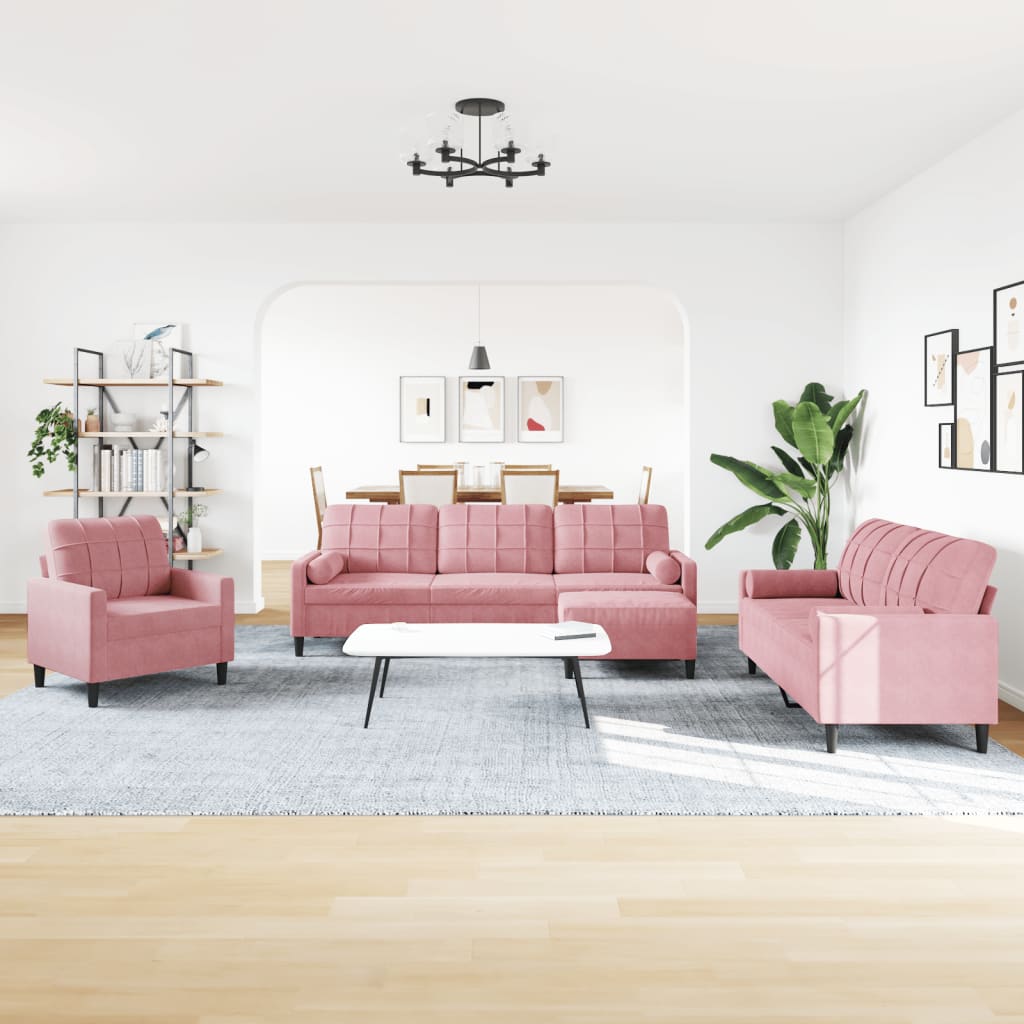 sofasæt 4 dele med hynder og bolsterpuder velour lyserød