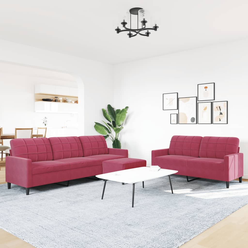 sofasæt 2 dele med hynder velour vinrød