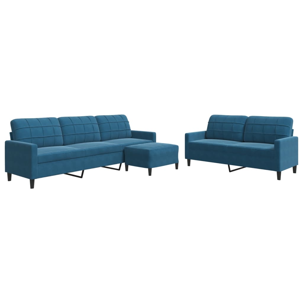 sofasæt 3 dele med hynder velour blå