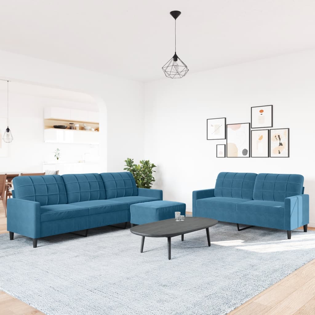 sofasæt 3 dele med hynder velour blå