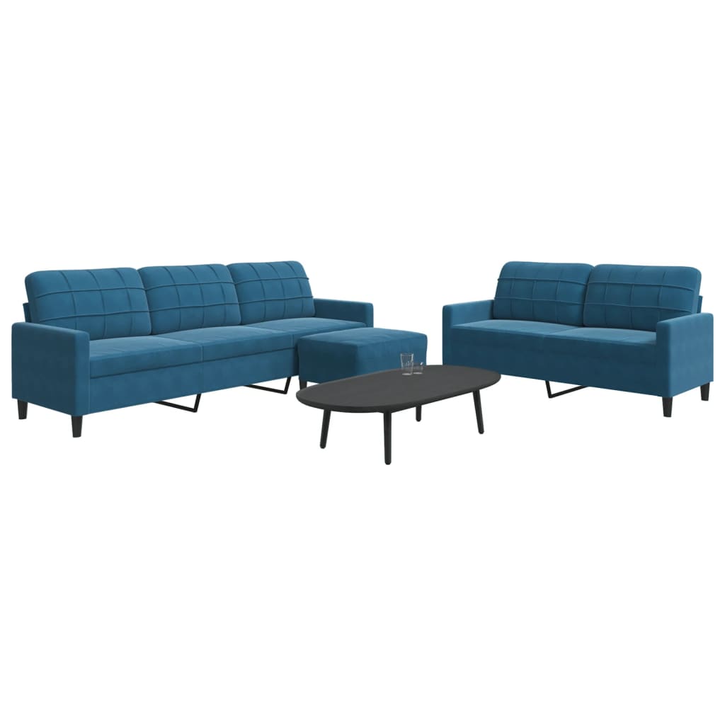 sofasæt 3 dele med hynder velour blå