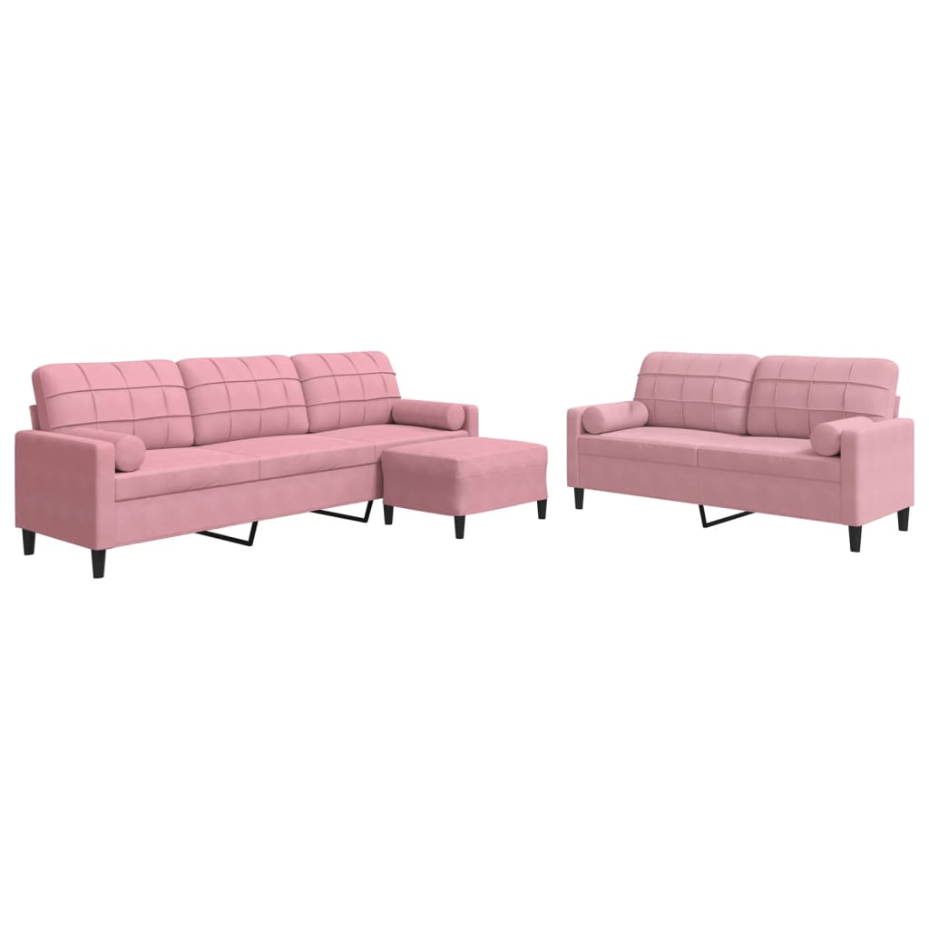 sofasæt 3 dele med hynder og bolsterpuder velour lyserød