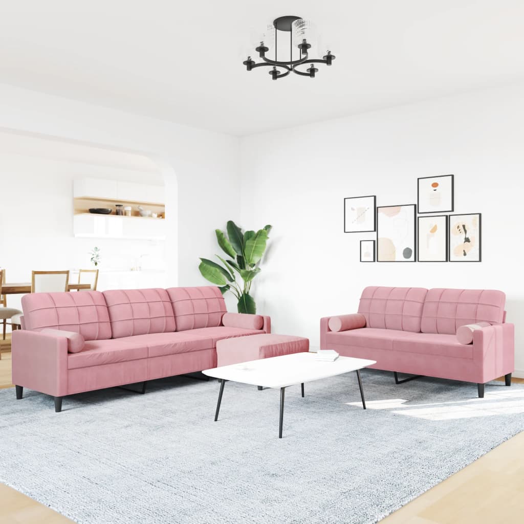 sofasæt 3 dele med hynder og bolsterpuder velour lyserød