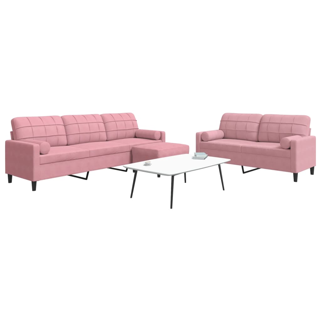 sofasæt 3 dele med hynder og bolsterpuder velour lyserød