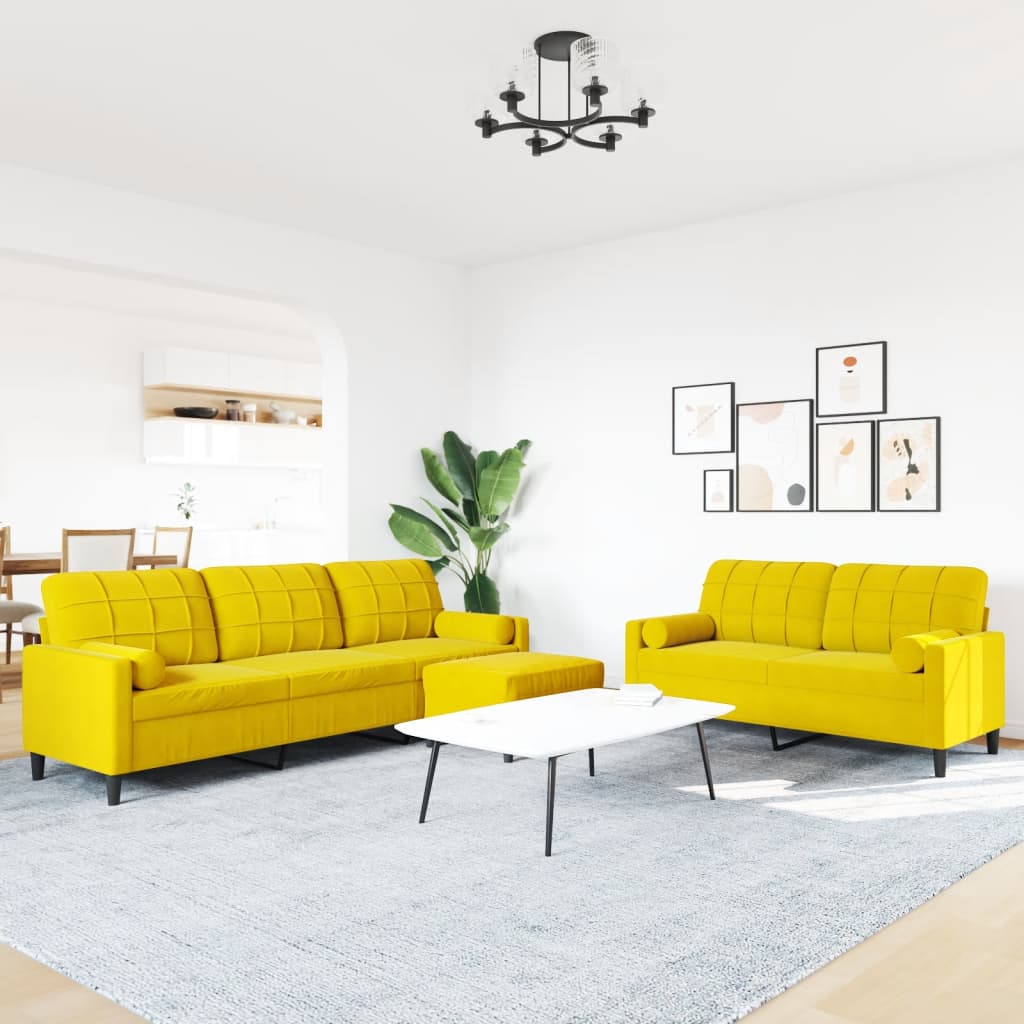 sofasæt 3 dele med hynder og bolsterpuder velour gul
