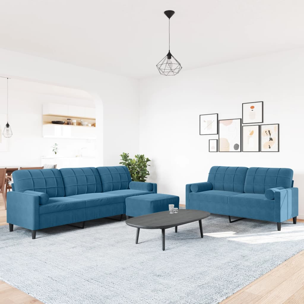 sofasæt 3 dele med hynder og bolsterpuder velour blå