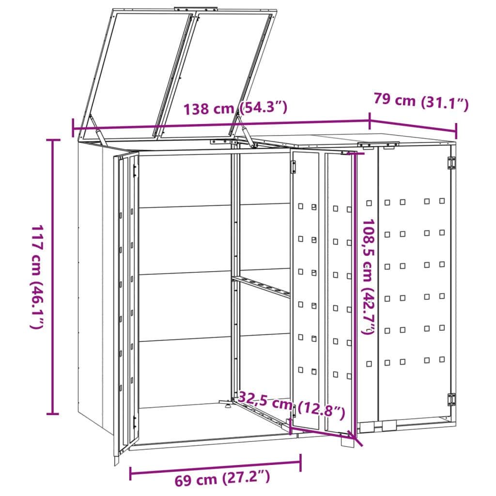 skraldespandsskjuler 138x79x117 cm 2 rum stål antracit