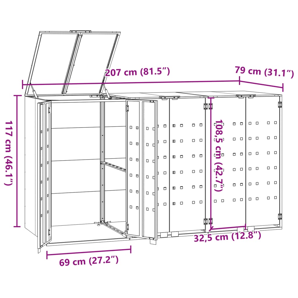 skraldespandsskjuler 207x79x117 cm 3 rum stål antracit