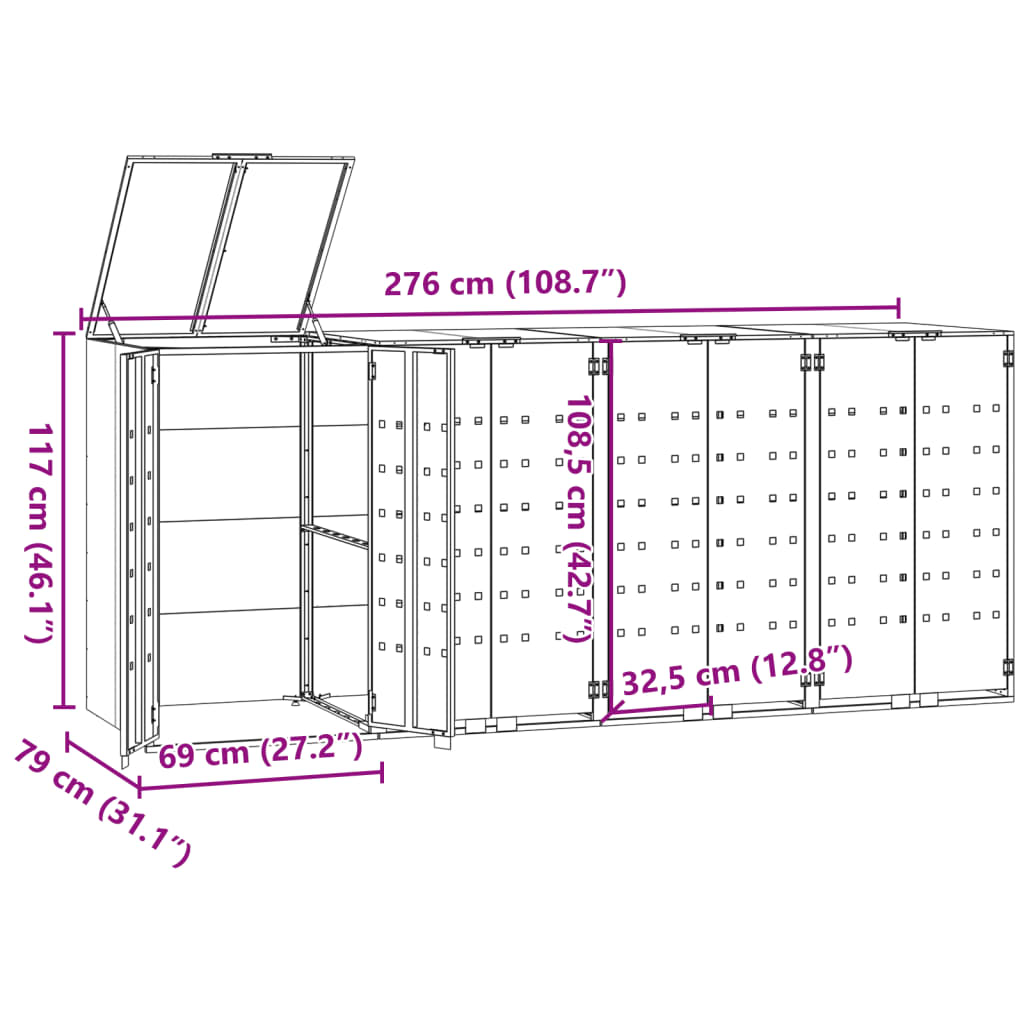 skraldespandsskjuler 276x79x117 cm 4 rum stål antracit